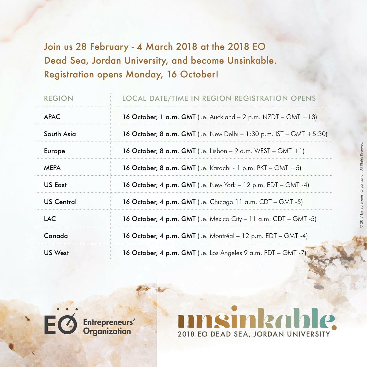 EntrepreneurOrg's tweet photo. EO members: Register for the 2018 EO Dead Sea, Jordan University, Unsinkable. Registration opens Monday at https://t.co/MqHQvxromZ! https://t.co/iRRFQvp2Og
