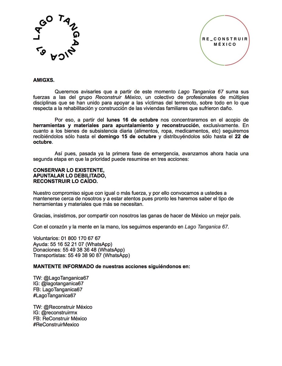 LagoTanganica67's tweet image. Las necesidades evolucionan pero la ayuda tiene que seguir. #Conservarloexistente #Apuntalarlodebilitado #Reconstruirlocaído @ReconstruirMX