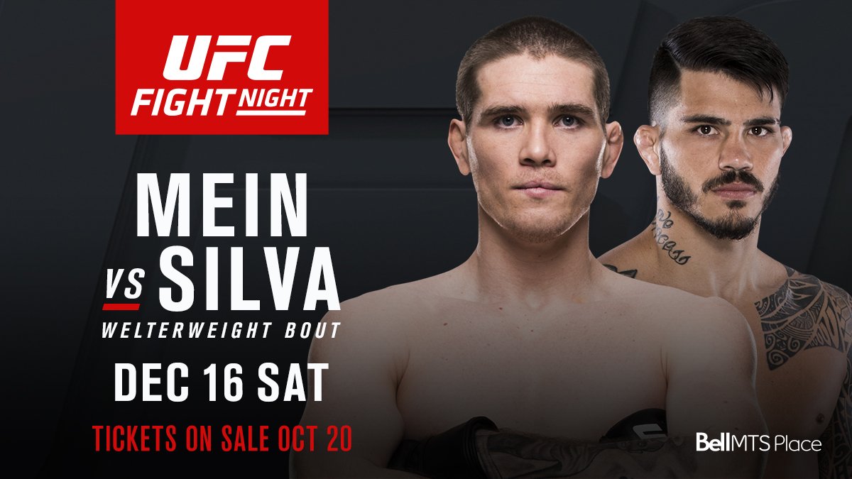 UFC_CA's tweet photo. Also added to #UFCWinnipeg: 🇨🇦 Jordan Mein vs. 🇧🇷 Erick Silva! https://t.co/Qk5z7nOYcS