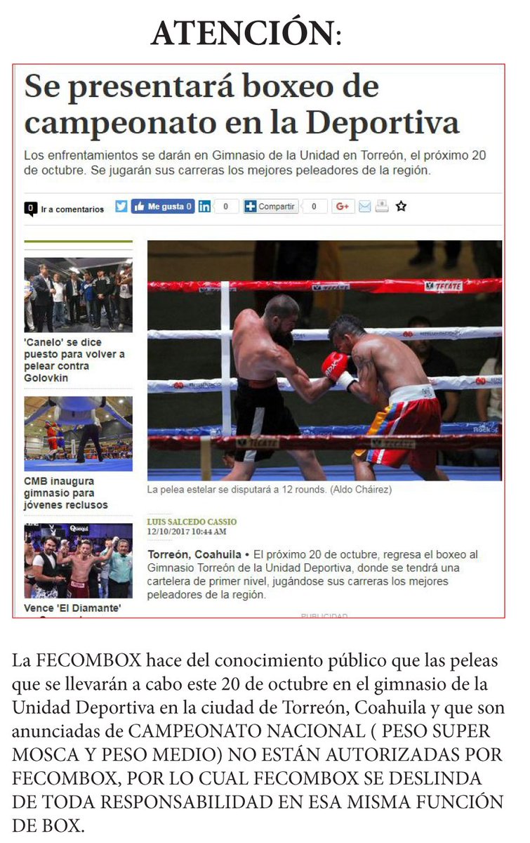 fecomboxmexico's tweet photo. FECOMBOX se deslinda de toda responsabilidad de estas peleas en Torreón del dia 20 de Oct. ya que NO ESTAN AUTORIZADAS POR FECOMBOX https://t.co/zF7nFxFpOF