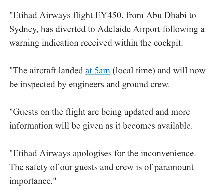 ChelseaCarey_9's tweet photo. Statement from @EtihadAirways, after flight #EY450 made an unscheduled landing at @AdelaideAirport. @9NewsAdel https://t.co/LCeBTctA4Y