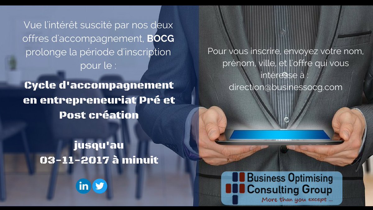 BusinessOCG's tweet photo. Profitez du programme d'accompagnement d'entreprise Pré &amp; Post création!
Inscrivez en nous envoyant un email: direction@businessocg.com https://t.co/B2LrZ75nwN