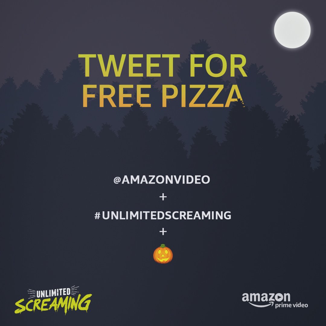 PrimeVideo's tweet photo. Happy #FridayThe13th! Tweet @AmazonVideo + #UnlimitedScreaming + 🎃 for some free pizza to pair with a scary movie. https://t.co/gmgWxUm6r8 https://t.co/WDWrn20xlf