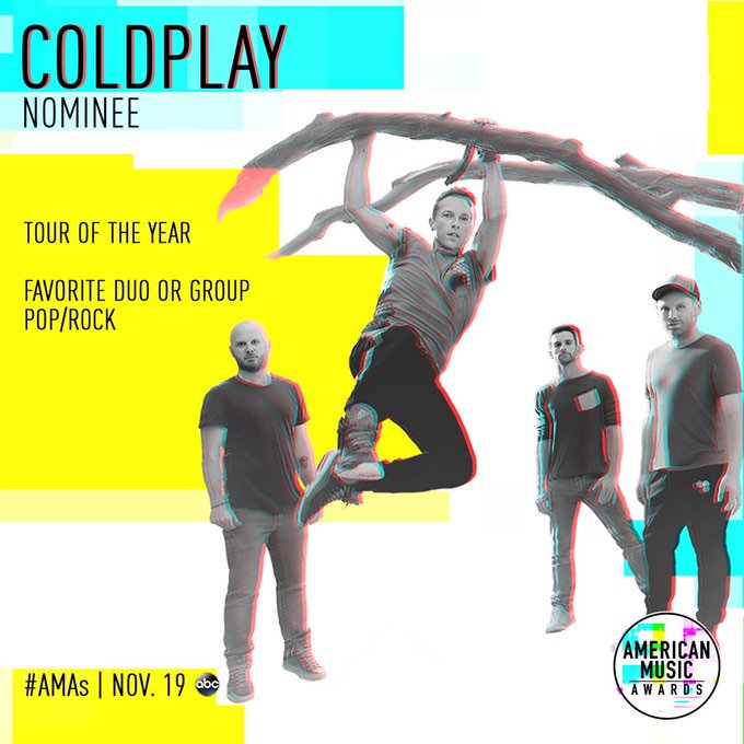 Coldplayfanspo2's tweet photo. Two nominations for the band at this #AmericanMusicAwards #AMAs 💪😄🎉💕 https://t.co/Je7WohHz7i