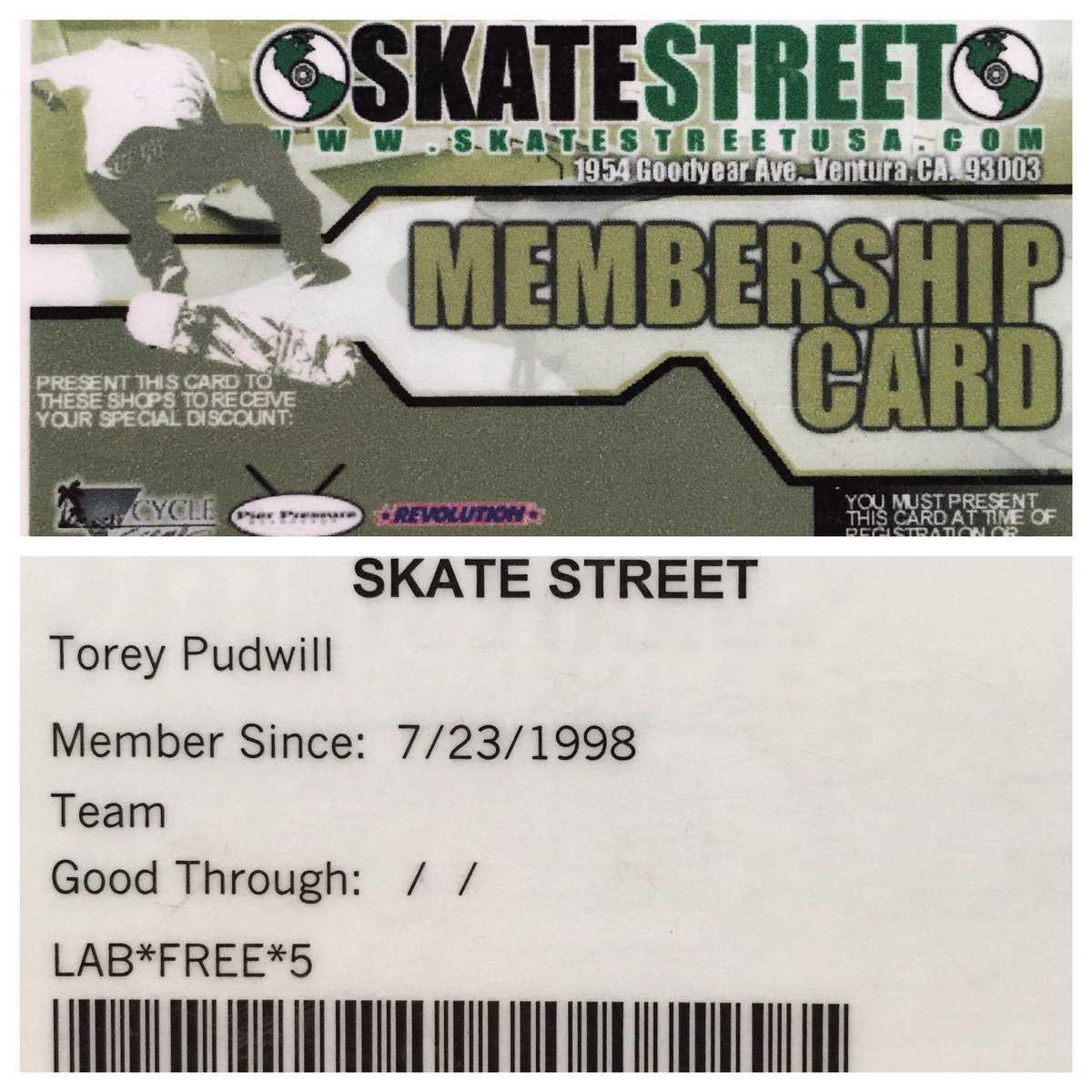 Skatelab's tweet photo. #flashbackfriday to 1998 and @toreypudwill ‘s Skate Street Ventura Membership Card. #20yearsofskatelab #skatelab #simivalley https://t.co/7n3atMUddY