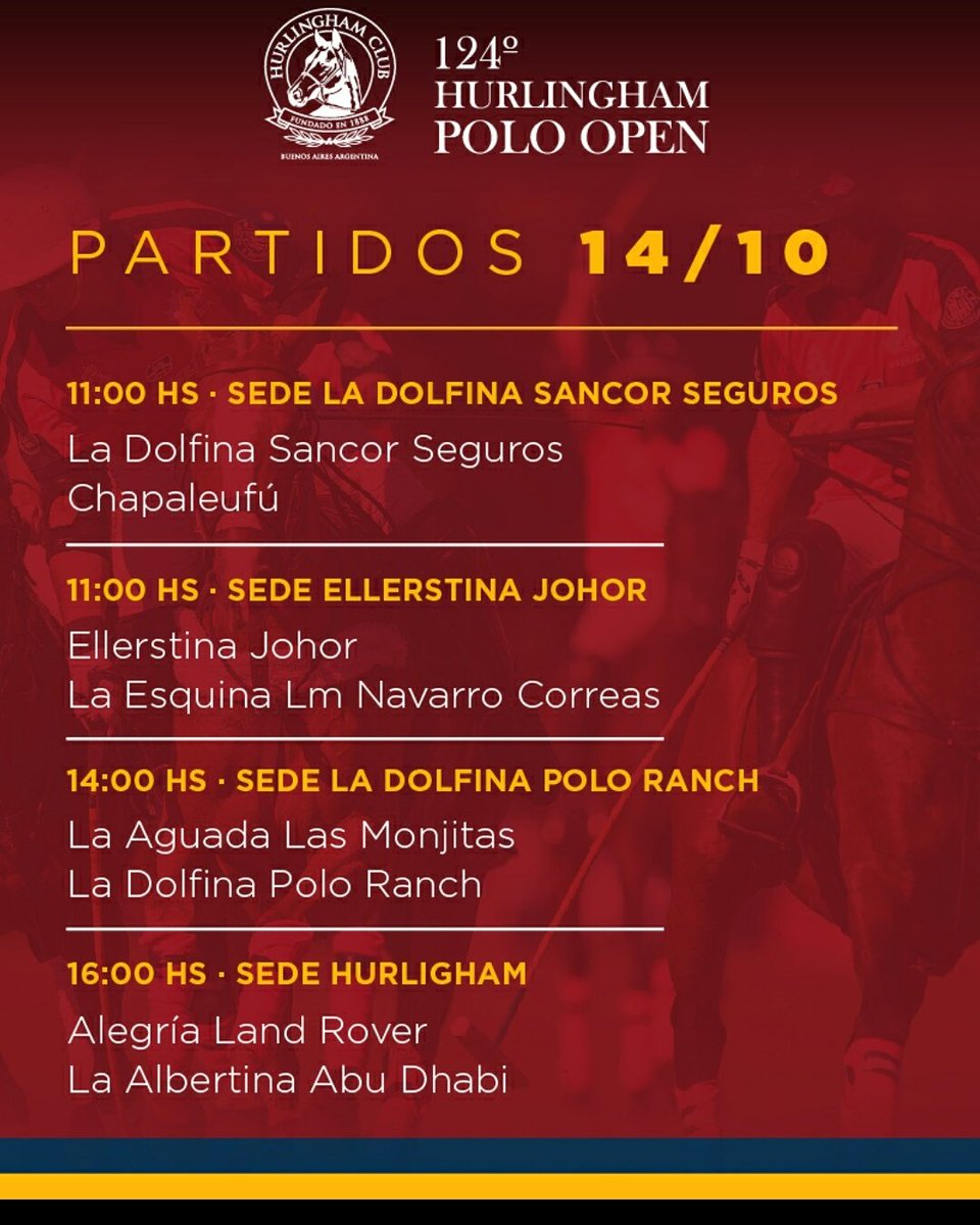 Sábado,  VIVO por ESPNPolo.com
11am <a href="/EllerstinaPoloT/">Ellerstina Polo Team</a> vs <a href="/laesquinalmpolo/">La Esquina LM Polo</a> 
4pm <a href="/AlegriaPolo/">Alegria Polo</a> vs La Albertina <a href="/abudhabipolo/">Abu Dhabi Polo Team</a>