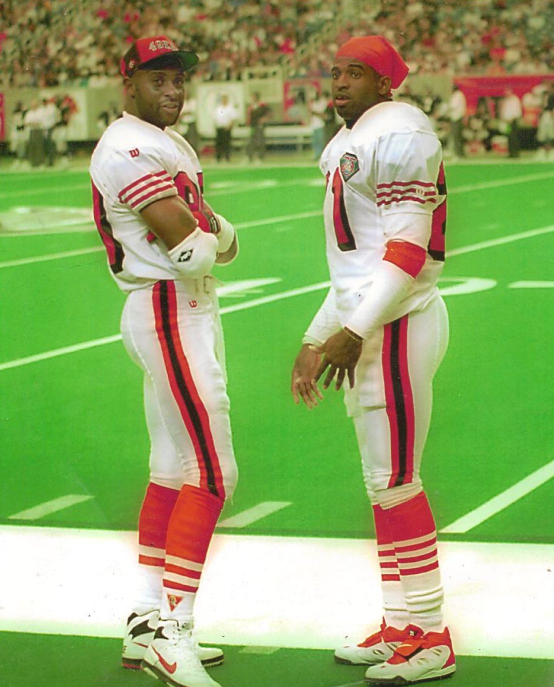 (1994) Legendary photo of Jerry Rice and Deion Sanders! Happy birthday to Jerry Rice! 