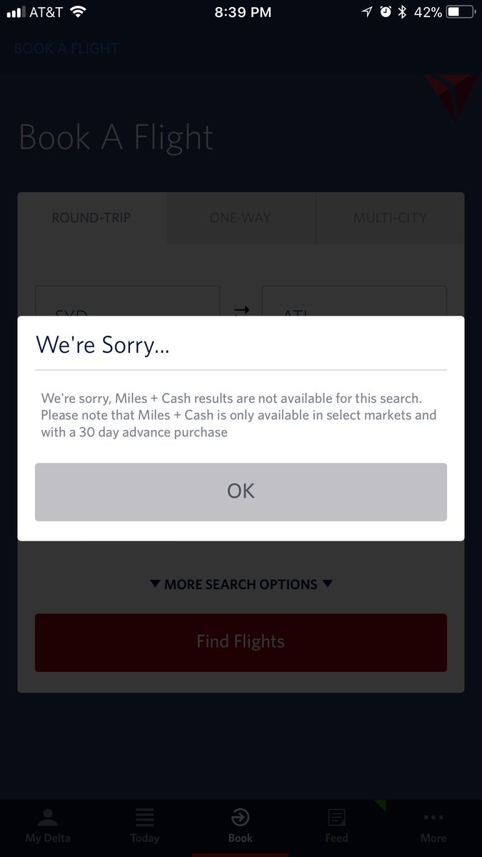 camhissey's tweet photo. @Delta why can’t I find any flights SYD-ATL &amp; ATL-SYD using miles? New policy? Every search returns same result. https://t.co/bmY0ueuwOu