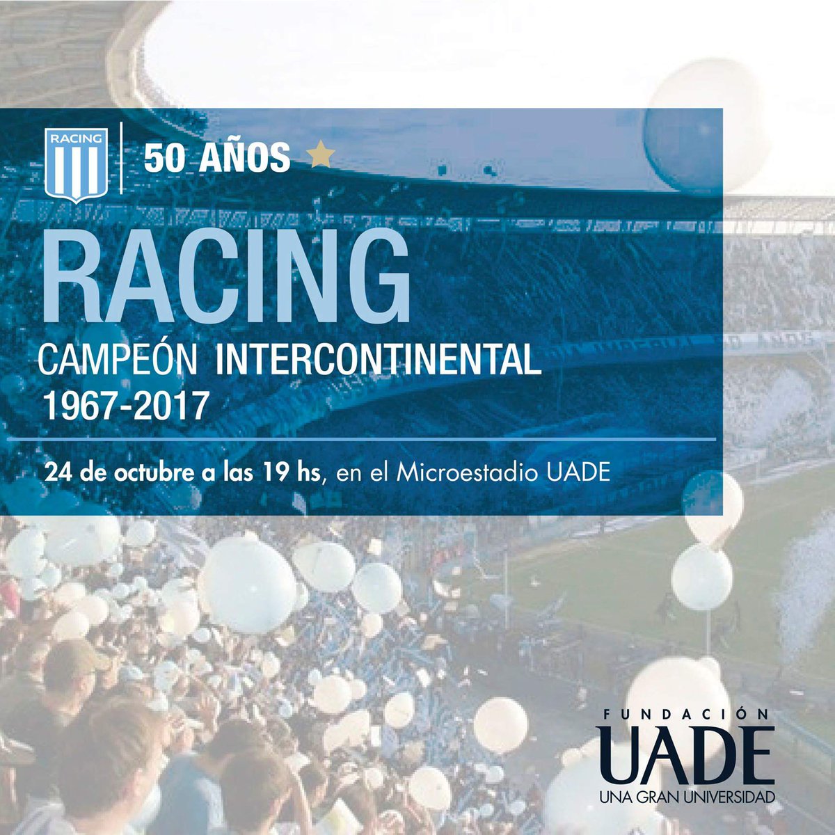 El 24/10 festejamos los 50 años de <a href="/RacingClub/">Racing Club</a> campeón en <a href="/UADEoficial/">UADE</a>, <a href="/RCDistinto/">Distinto A Los Demas</a> <a href="/deptohistoriarc/">Investigaciones y Estadísticas Racing Club</a> <a href="/racing_frases/">Frases Racing Club</a>