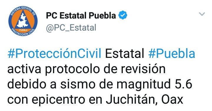 NoticiasTribuna's tweet photo. #ÚltimaHora |  @PC_Estatal activa protocolo de revisión debido a #sismo de magnitud 5.6 con epicentro en Juchitán, Oax. https://t.co/Wt87Ge8kTV