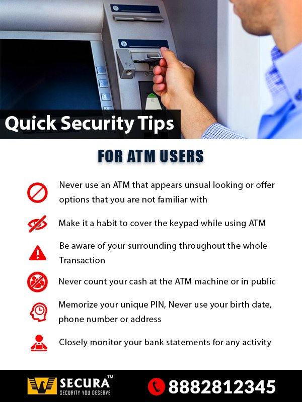 #SecuraSecurity: Quick Security Tips for #ATM users. To hire #SecurityGuardServicesInEastDelhi, please visit: goo.gl/jiiZF3.