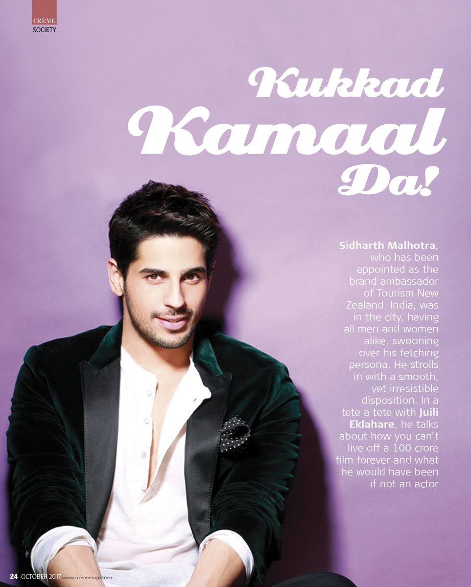 juilieklahare's tweet photo. My interview with @S1dharthM in #CremeMagazine October issue! Sidharth talks about how he reinvents himself as an actor and is not pressured by box office numbers.  :)
#Bollywood #Pune #NewZealand https://t.co/CjJGVBiYO4