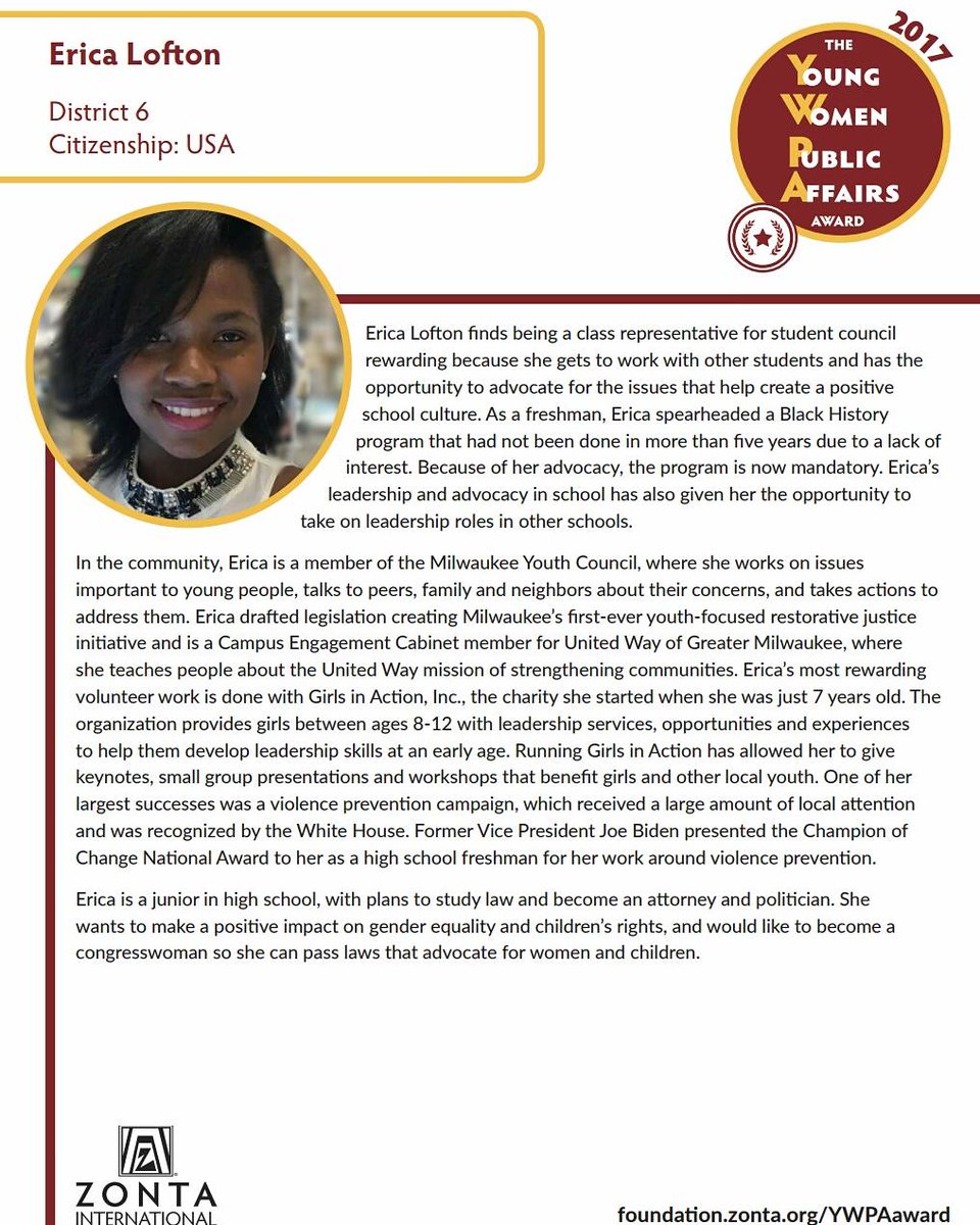 EricaloftonYS's tweet photo. Repping USA as an international recipient of the #Zonta 2017 Young Women in Public Affairs award 
#YWPA #EmpowerWomen  #ForMyGirls https://t.co/VDHlOwFrZ3