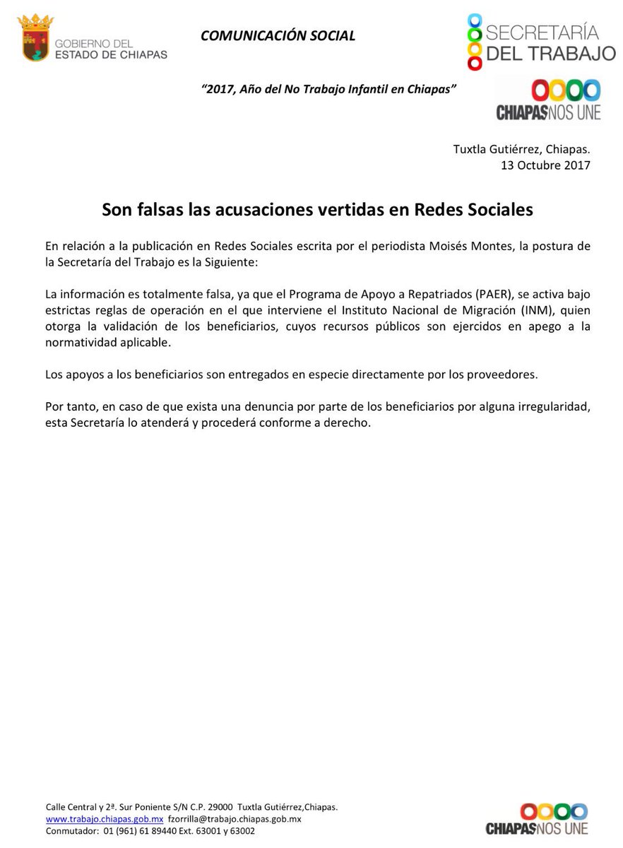 SEyTChiapas's tweet photo. Son falsas las acusaciones vertidas en Redes Sociales por 
@MontesMoy 
https://t.co/Gdop0SNmfO https://t.co/bOhHzgNrG2