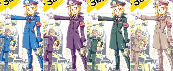 駅員制服、カラーの迷い。個人的には紫っぽい感じとかうすい茶色とか外国の駅員みたいで好きなんですが、ホテルマンぽくもあるなぁ…と思ったのと、水色は桃鉄、もしくはどこかのマジシャンガールっぽくもある…と思って、最終的に濃紺にしました。バンとエレイン、何色でも着こなすなぁ。 
