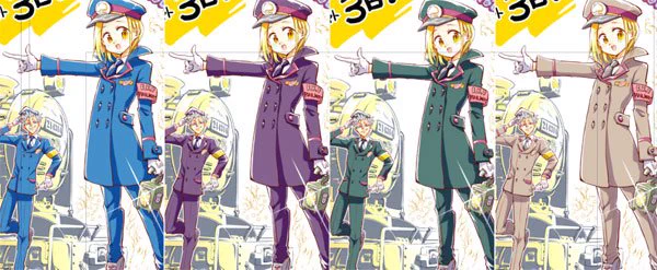 駅員制服、カラーの迷い。個人的には紫っぽい感じとかうすい茶色とか外国の駅員みたいで好きなんですが、ホテルマンぽくもあるなぁ…と思ったのと、水色は桃鉄、もしくはどこかのマジシャンガールっぽくもある…と思って、最終的に濃紺にしました。バンとエレイン、何色でも着こなすなぁ。 
