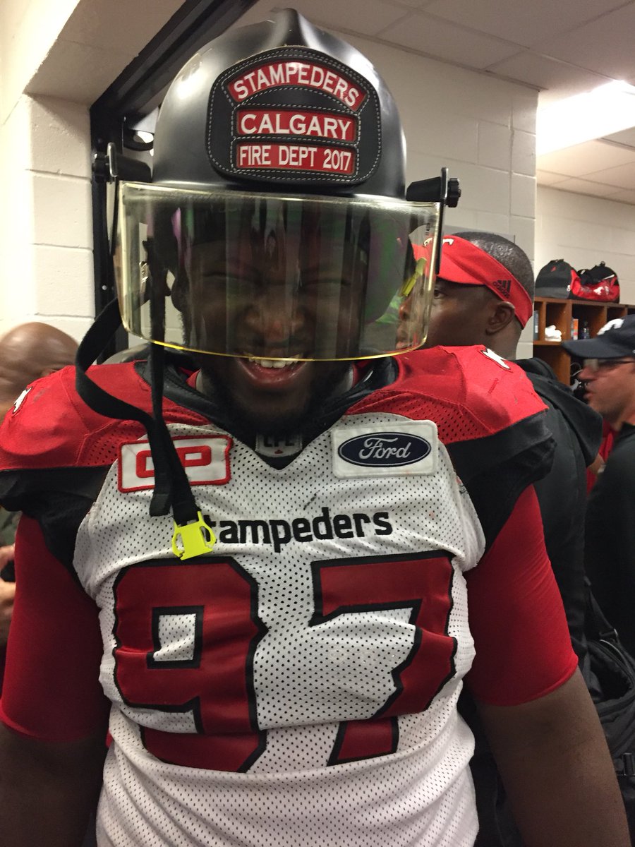 calstampeders's tweet photo. The 🔥 helmet goes to @DerekWiggan tonight! 👏 #GoStampsGo https://t.co/PBnZK0CVE8