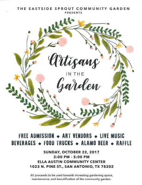 EllaAustinCC's tweet photo. #JoinUs 10/22 for Artisans in the Garden! FREE, Food Trucks, @AlamoBeerCo &amp; Prizes $$ for Cleaning up the East Side Garden! #SanAntonio https://t.co/69mWX6YBI1