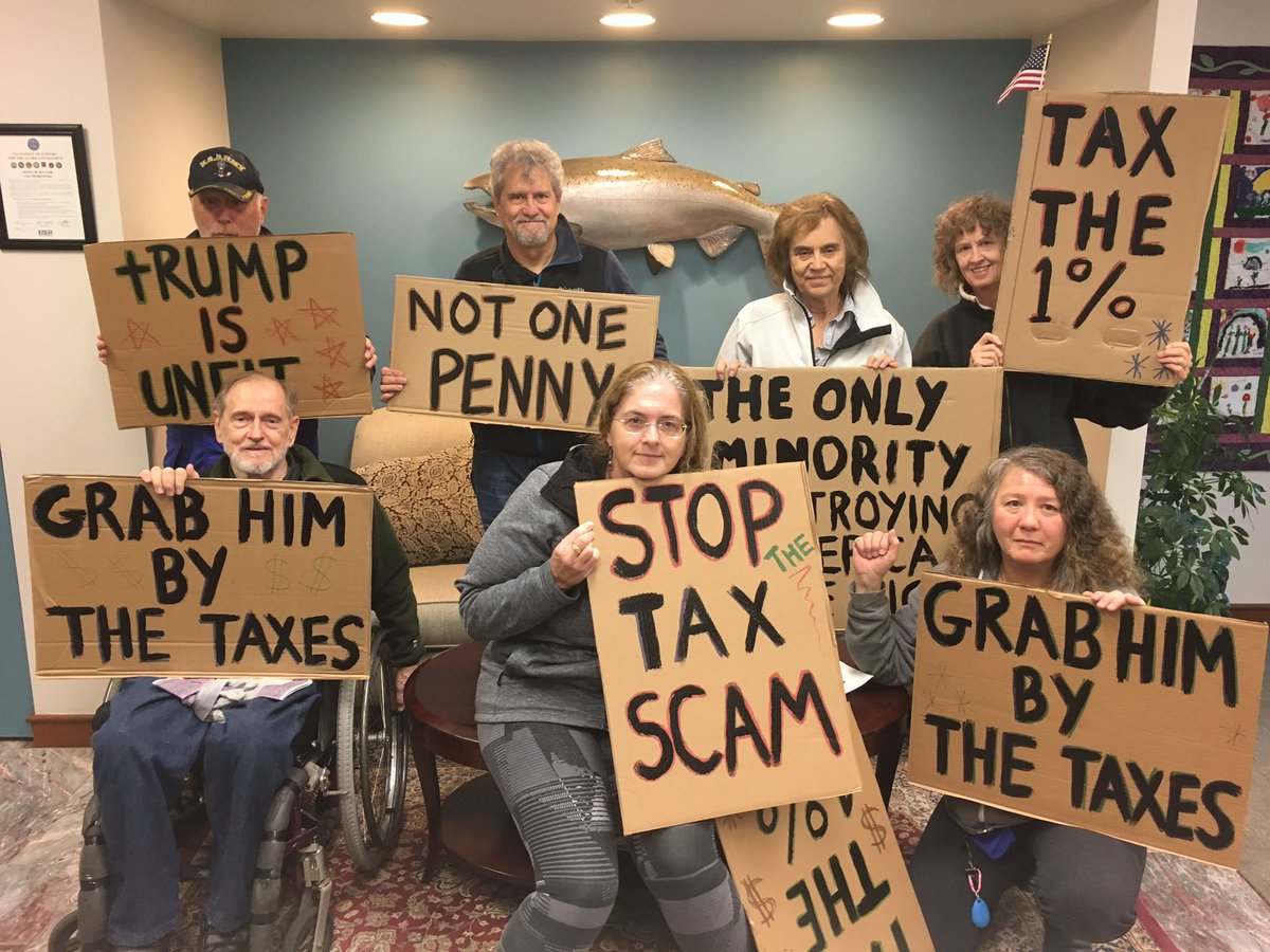 IndivisibleANC's tweet photo. In Anchorage telling @lisamurkowski that #NotOnePenny should go to tax cuts for the rich at the expense of regular Alaskans #TrumpTaxScam https://t.co/sfmDwIdIh9