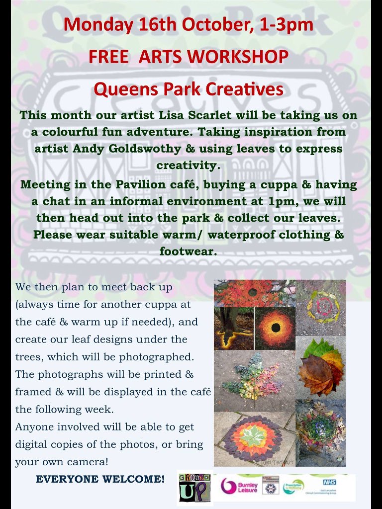 LisaScarletRyan's tweet photo. FREE art workshops at Queens Park Burnley, this Monday we will be inspired by colours &amp; textures 1-3 @PavilionCafeQPB  **EVERYONE WELCOME** https://t.co/RyjypQxaP7
