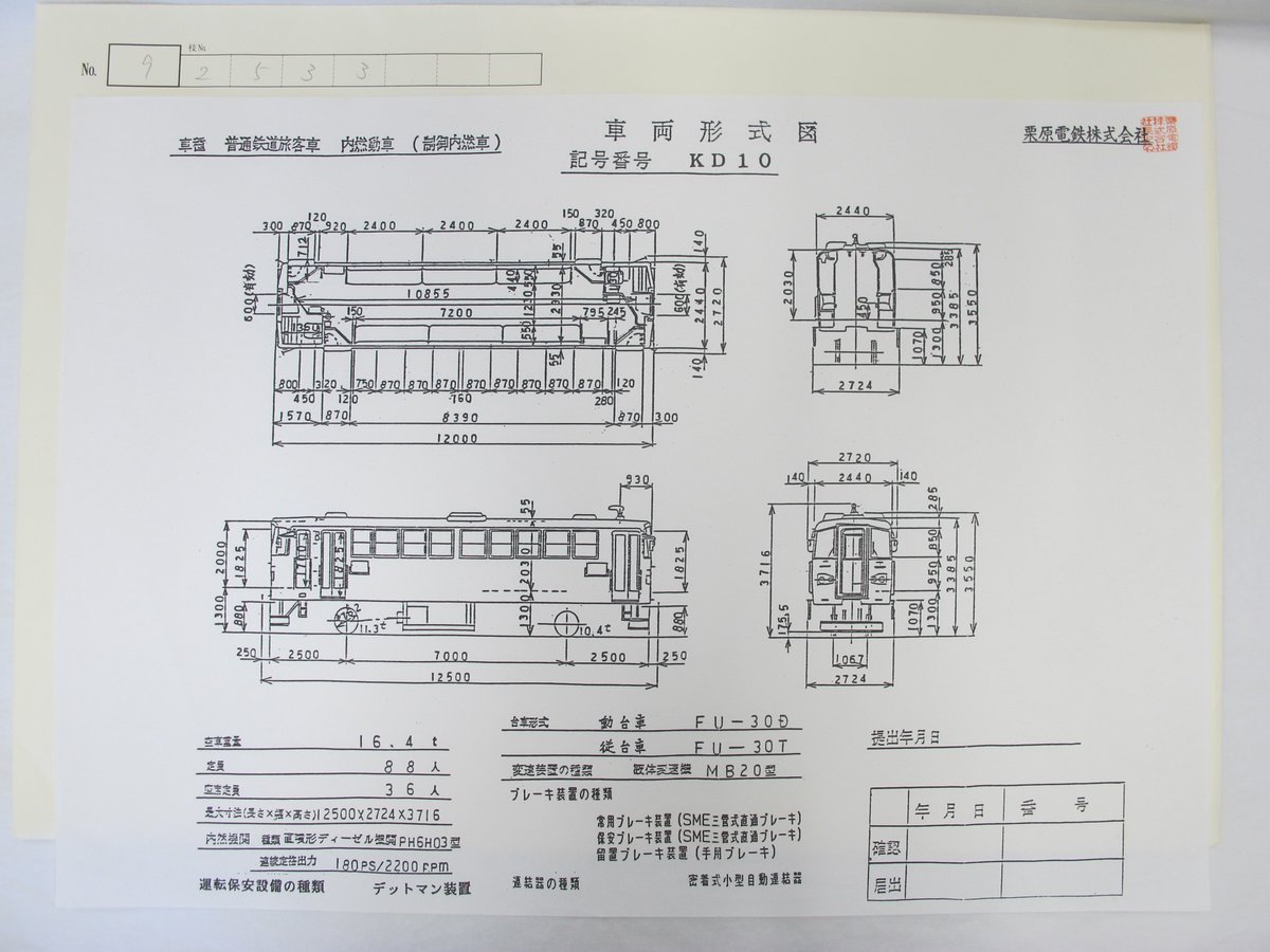 こちらはKD95およびKD10の車両形式図です。定員、最大寸法を見ると