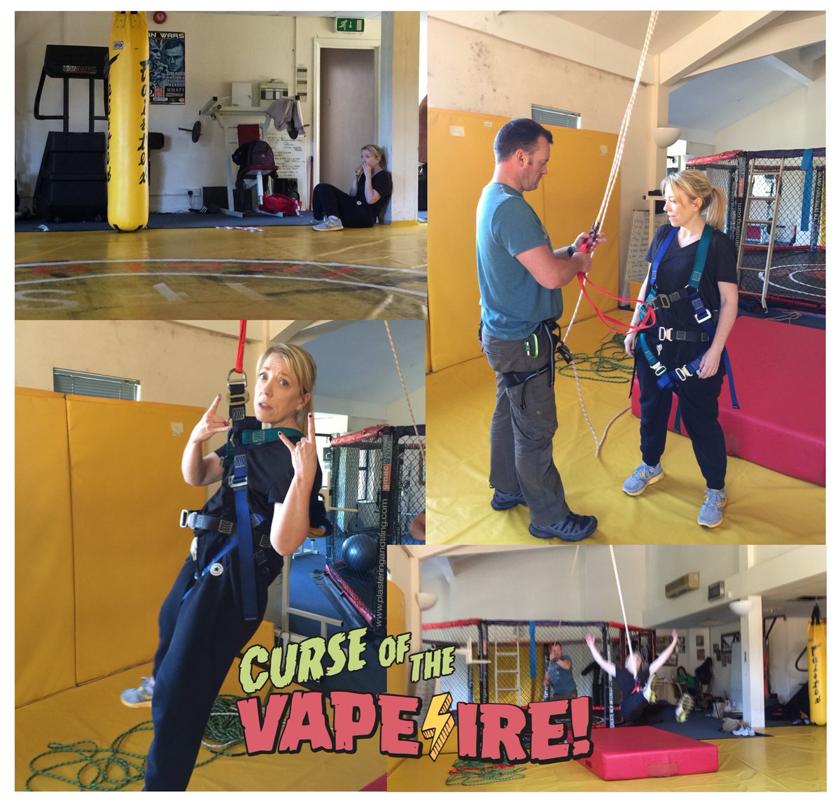 TheExtraFamily's tweet photo. Another BTS pic from ‘Curse Of The Vape-Ire’. Our lead actress Rachel Murray in training for a big stunt! https://t.co/jiS4OBWCJa