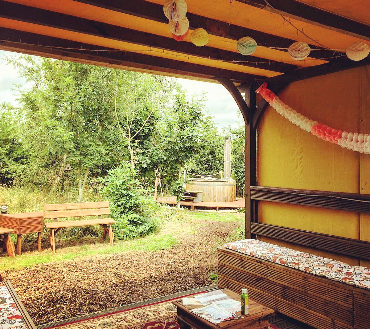 The perfect view from the Den area! A wood Fired Hot Tub anyone?
#hencamp #henparty #groupglamping #glamping #belltent #hendo #Staffordshire