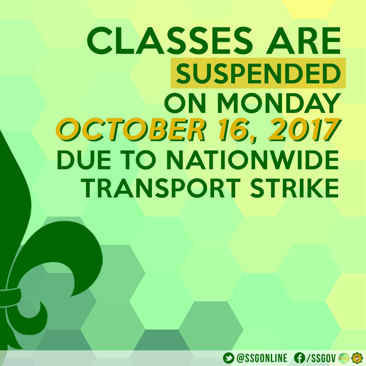 SSGOnIine's tweet photo. Class Suspension for Monday, October 16, 2017. https://t.co/E6ztUaVUJN