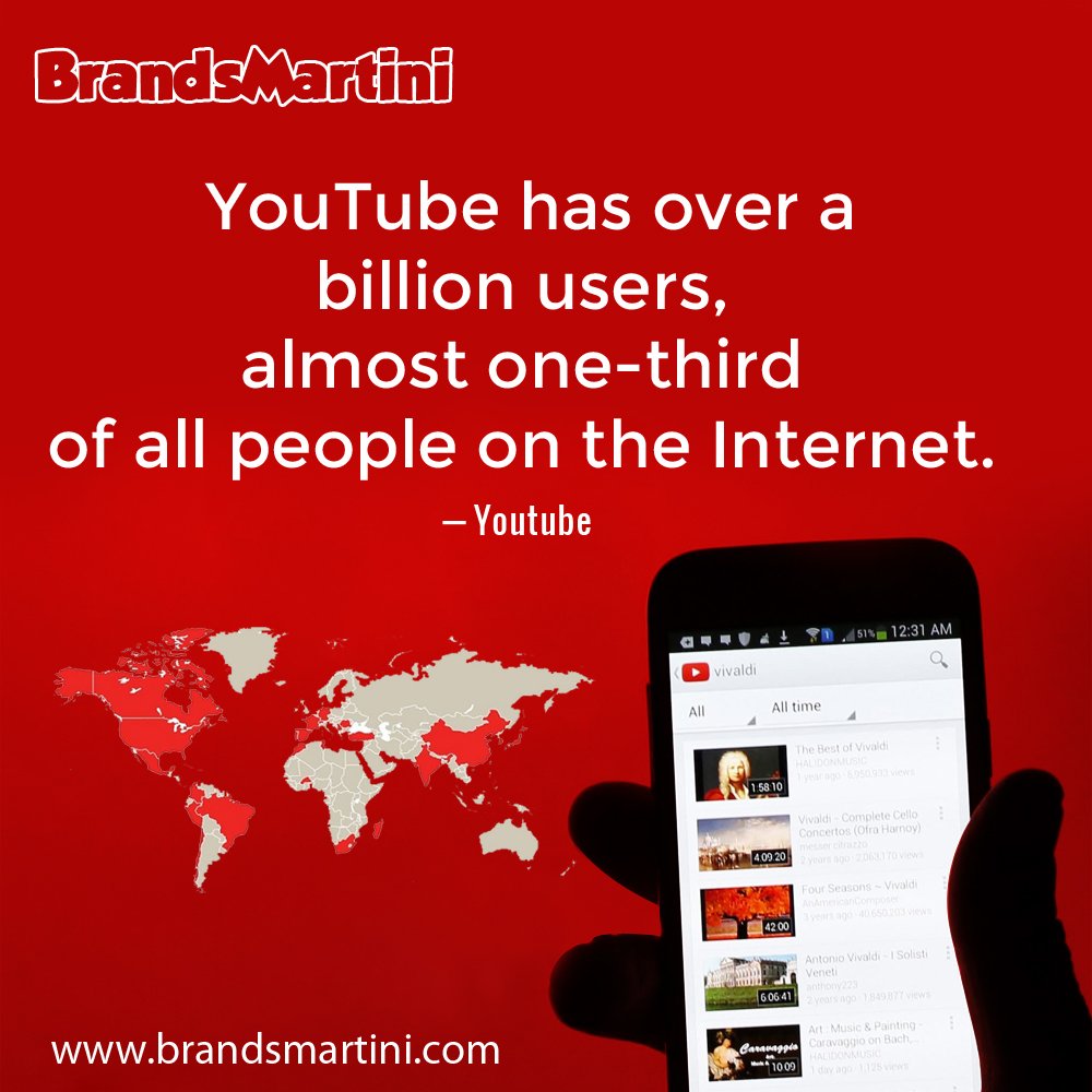 brandsmartini's tweet photo. #DidYouKnow? 🤔
#YouTube has over a #BillionUsers, almost one-third of all #People on the #Internet. #BrandsMartiniFacts #LoveBrandsMartini https://t.co/wKoI4DM30s