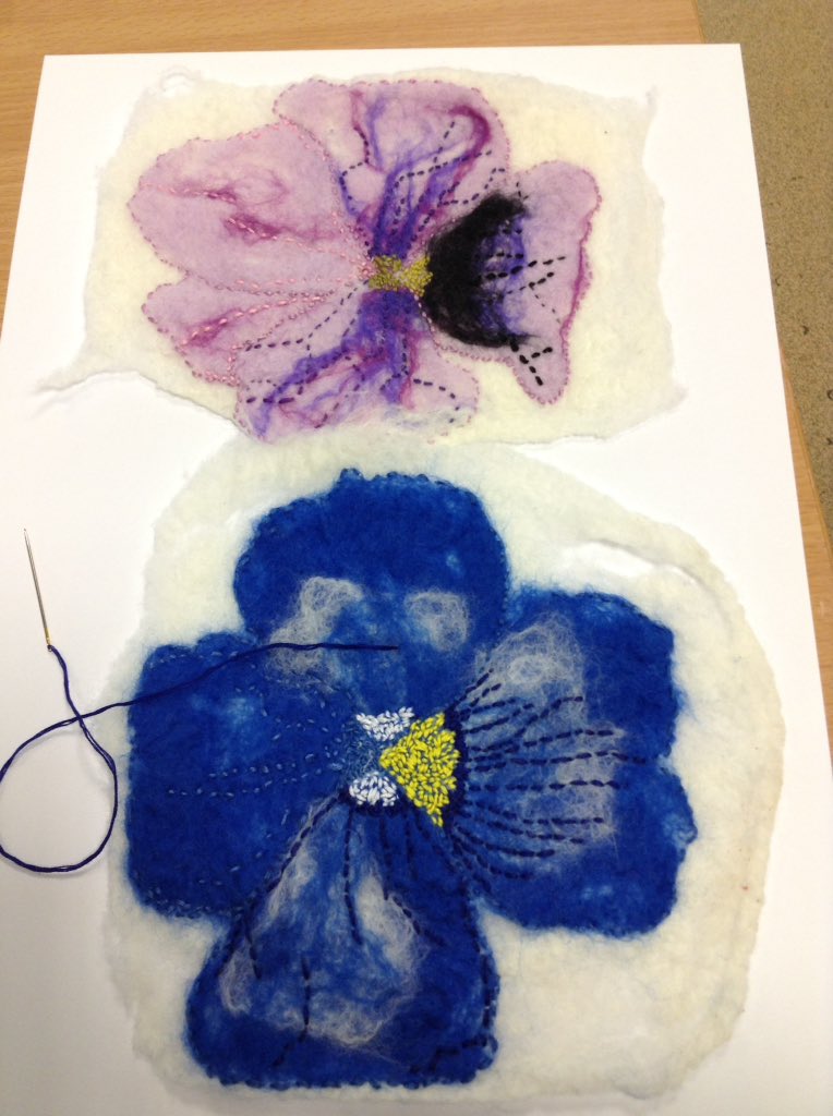 Eve's beautiful felted and embroidered pansies. Can't wait to see the final piece 🌸 #motivatedtostrive #art #GCSE #maesteg17