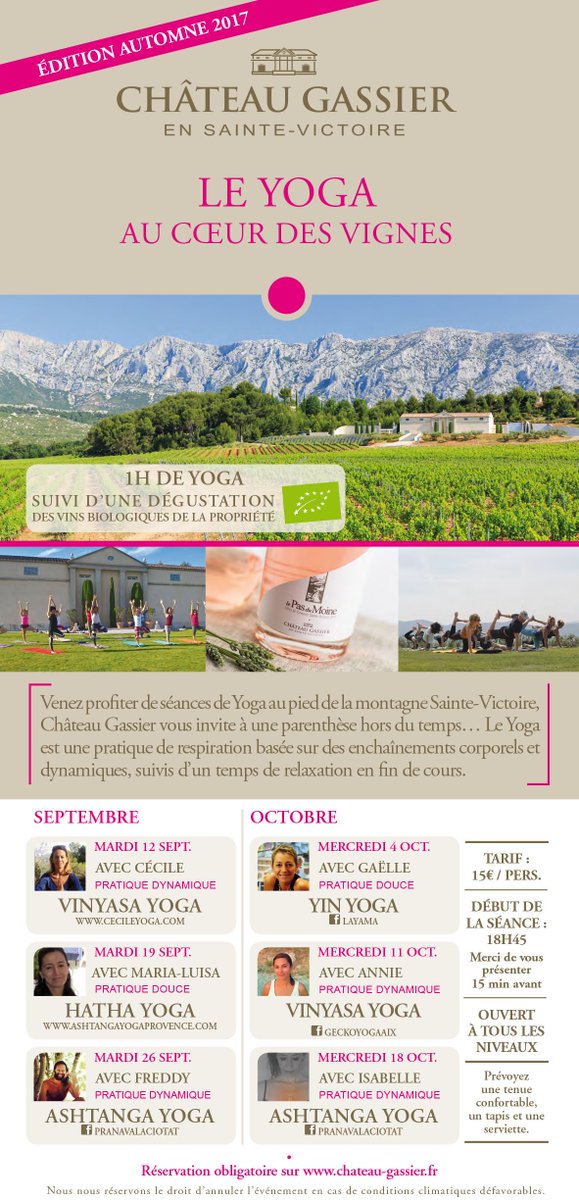 ChateauGassier's tweet photo. Mercredi 18 octobre 18h45 au @chateaugassier séance de #Yoga. Réservation chateau-gassier.fr #Respiration #relaxation #BienEtre #séanceYoga https://t.co/Qq0UMIa09W