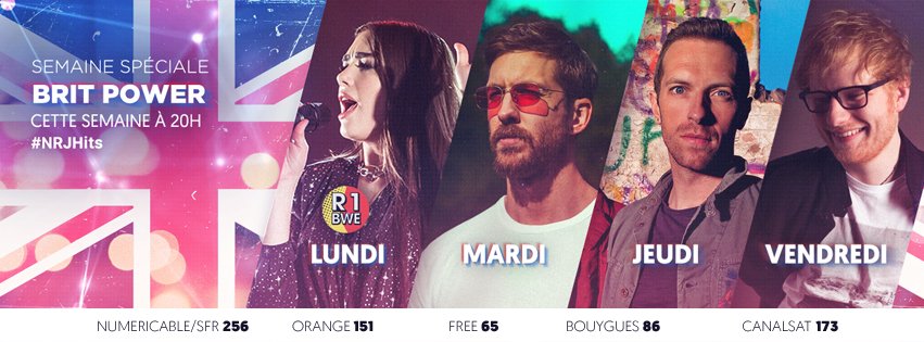 nrjhitslachaine's tweet photo. 🔥 Cette semaine à 20h > #BritPower #NRJHits
Lun > Concert R1 BWE
Mar > Calvin Harris
Mer 19h > One Direction
Jeu > Coldplay
Ven > Ed Sheeran https://t.co/PgrWNhlmIZ