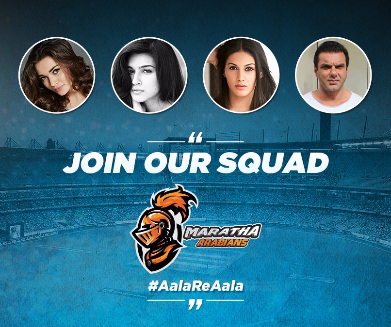 The well-known faces of B-Town <a href="/SohailKhan/">Sohail Khan</a> <a href="/kritisanon/">Kriti Sanon</a> <a href="/iamAmyJackson/">Amy Jackson</a> &amp; <a href="/AmyraDastur93/">Amyra Dastur</a> are building a squad in support of <a href="/MarathaArabians/">Maratha Arabians</a>