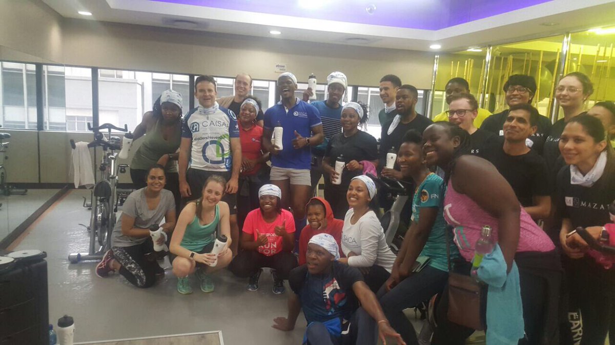 saica_za's tweet photo. CT CAs(SA) look exhausted but so happy after their #cycleforthuthuka at @PlanetFitnessZA https://t.co/pwBNt0wEoC