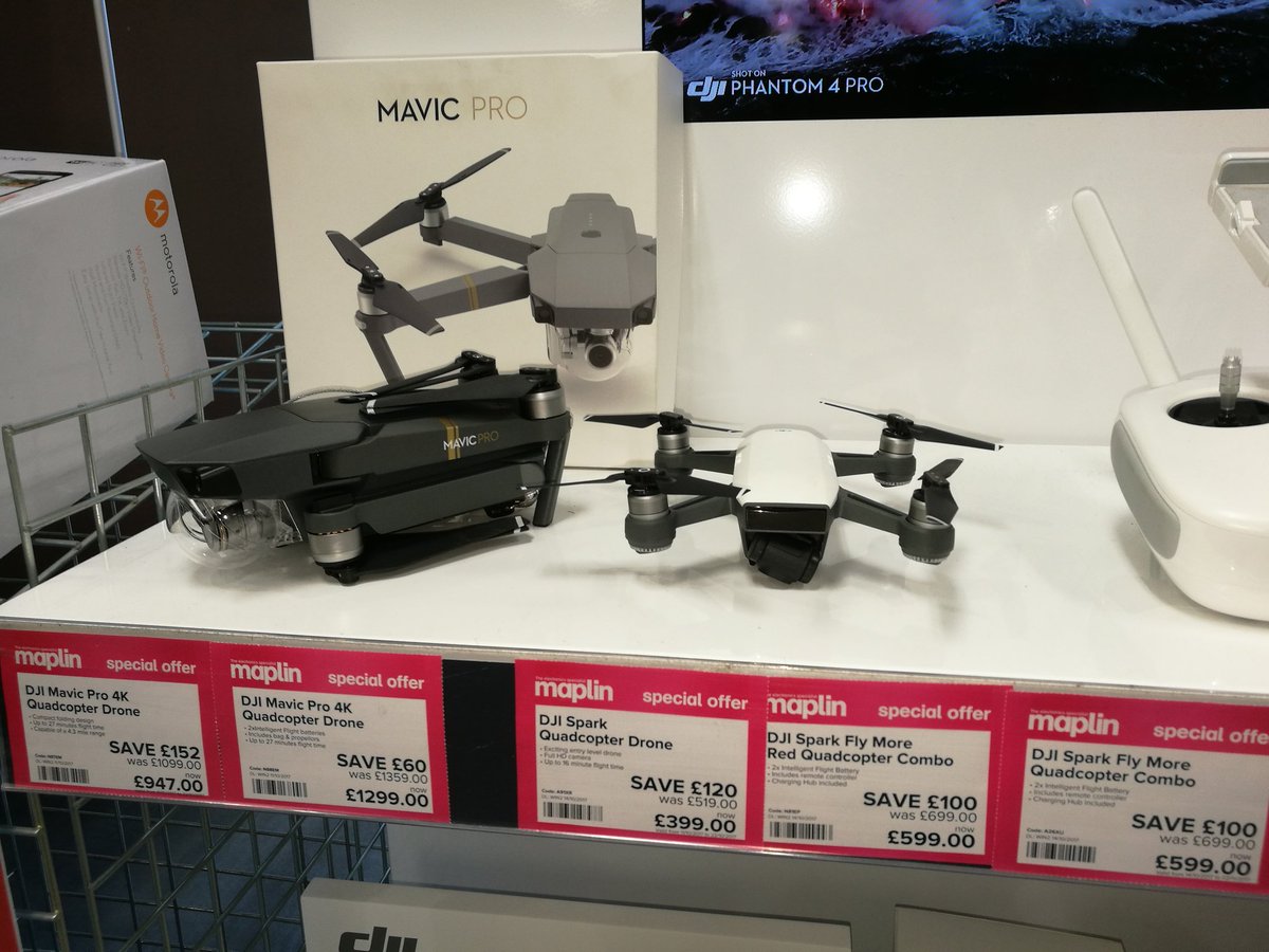 Maplin_CLR's tweet photo. Amazing offers on the @DJIGlobal Mavic Pro, Spark and their Fly More bundles. Call into store today for a demo flight. #Coleraine #drones https://t.co/IPsZeojlms