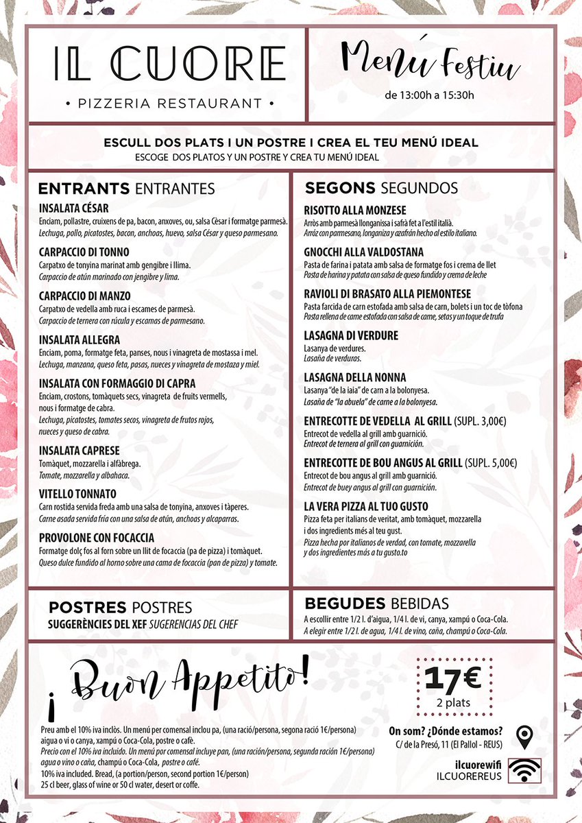 ILCUOREREUS's tweet photo. Aquest és el #Menú que hem preparat per aquest cap de setmana. Us esperem a #IlCuore:
📍 C/ de la Presó, 11 
☎️ 977 34 22 47 https://t.co/Uw0Z8QbJta