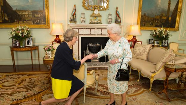 SeriousDonald's tweet photo. Shocked to see Theresa May giving the Queen the knee. Mother would have been distraught, How disrespectful. To think I helped this woman! https://t.co/9qj0xahuCl