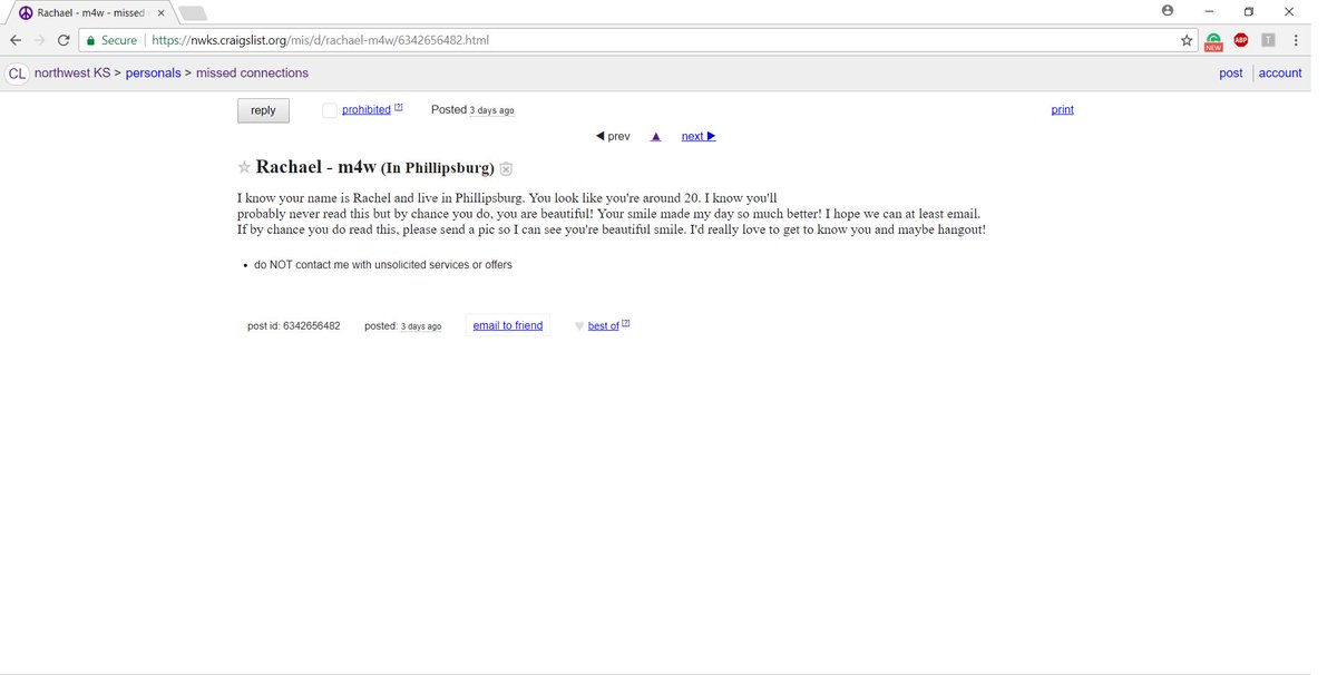 BransonLeeAddin's tweet photo. if you're from phillipsburg and your name is Rachael, your presence is needed on Craigslist, lmfao. #missedencounters https://t.co/Hs83gtn61h