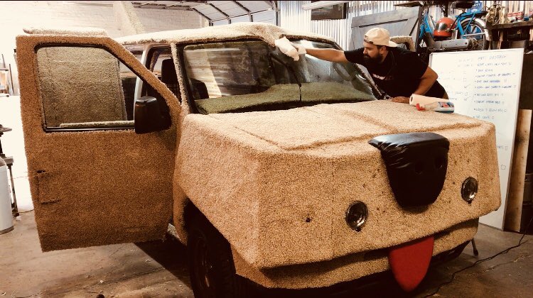LMBoyle's tweet photo. The dog’s loose. Our latest creation w/ our friends @GraduateHotel just left the shop #tailgate tour #experiential #graduatemuttcutts https://t.co/ywl85xyLic