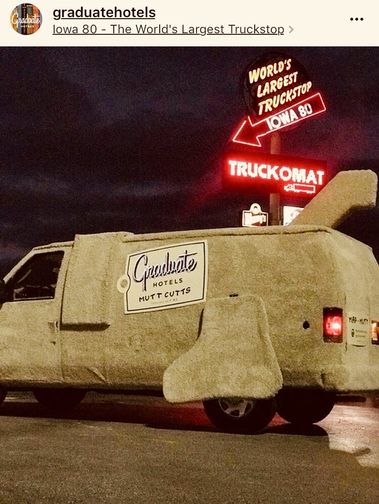 LMBoyle's tweet photo. The dog’s loose. Our latest creation w/ our friends @GraduateHotel just left the shop #tailgate tour #experiential #graduatemuttcutts https://t.co/ywl85xyLic
