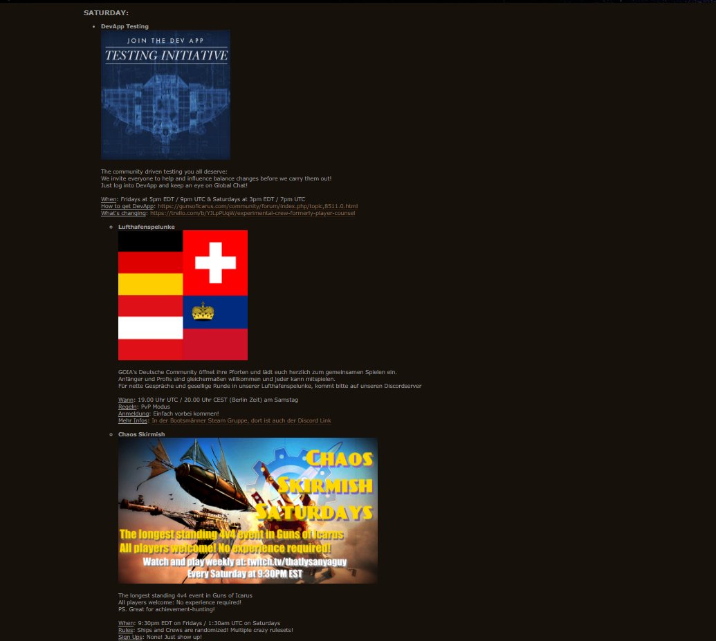 GunsOfIcarus's tweet photo. ๐Weekend fun with today's #GOIA events:
๐ฎ 2pm EDT #Lufthafenspelunke German Event
๐ฎ 5pm EDT #DevAppTesting
๐ฎ 9.30pm EDT #ChaosSkirmish https://t.co/NTpkbwBfNU