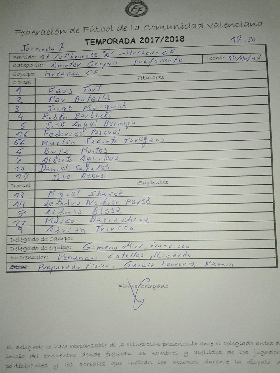 Alineaciones del <a href="/AtVallbonensecf/">AtVallbonensecf</a> - <a href="/CF_Huracan/">Huracán Saguntino C.F</a> de Ricardo Venancio, de Regional Preferente. @golsmedia <a href="/esportbase/">ESPORTBASE Media</a> #SomosHuracán