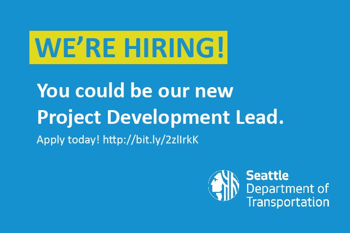 seattledot's tweet photo. SDOT IS HIRING! You could be our new Project Development Lead.
Is this you? Know someone? #JoinSDOT
Apply now! π https://t.co/7Zl8WcYrpC https://t.co/1VQMfuIKSP