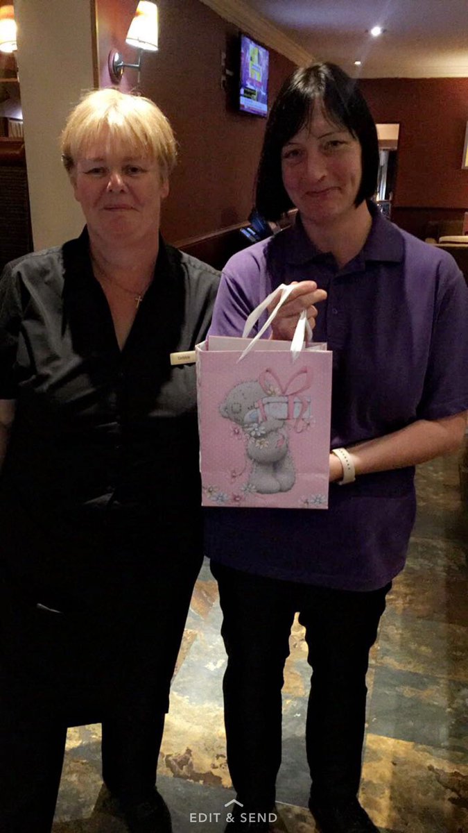 be_newhouse's tweet photo. Debbie and Elma getting a lovely gift from a regular guest on breakfast 👯🎉🎁 @Val_Celtic @SpencerGraydon @WeAreSUGM https://t.co/8rgOzUK5wT