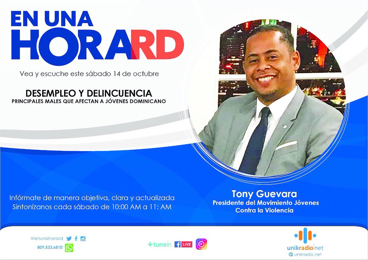 tonyguevara1's tweet photo. Hoy sábados nos acompaña Tony Guevara, presidente del Movimiento Jóvenes Contra la Violencia. @EnunahoraRD @donfelixSPM @unikradiord https://t.co/65FzMLVo2x