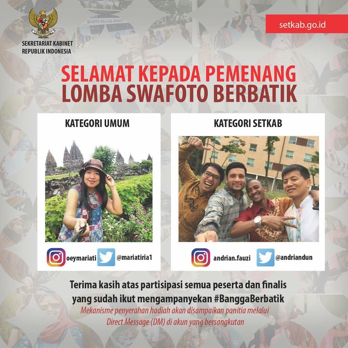 setkabgoid's tweet photo. Selamat kepada pemenang Lomba Swafoto #BanggaBerbatik, @mariatiria1 utk kategori umum &amp; @andriandun utk kategori pejabat/pegawai #Setkab https://t.co/eTb79xbof9