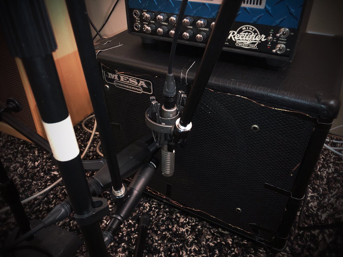 SMB_Recordings's tweet photo. Setup for today’s guitar tracking session #sm57 #royer121 #senheiser421 #bluebottlerocket #mesaboogie #fender #lespaul https://t.co/YdDBDpo0P8