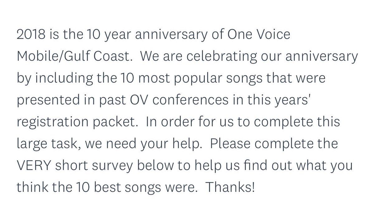 OneVoiceGC's tweet photo. https://t.co/GfuJSmDlqN

Please take a few min to complete this short survey to help with this years “retro” collection of music! https://t.co/lIc7vpVn8u