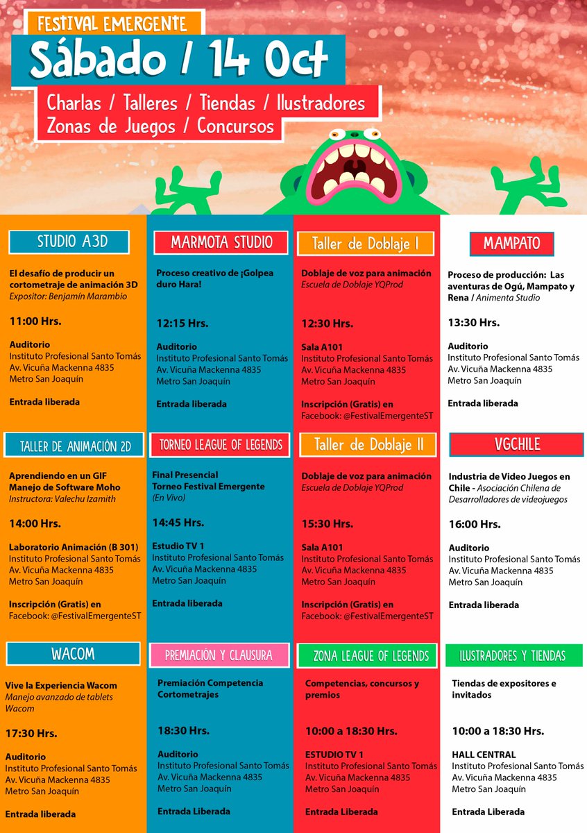 EmergenteFest's tweet photo. Te esperamos hoy, con muchas actividades !! Instituto profesional Santo Tomás Av. Vicuña Mackenna #4835, metro San Joaquín. #entradaliberada https://t.co/RRRIQ9hCNO