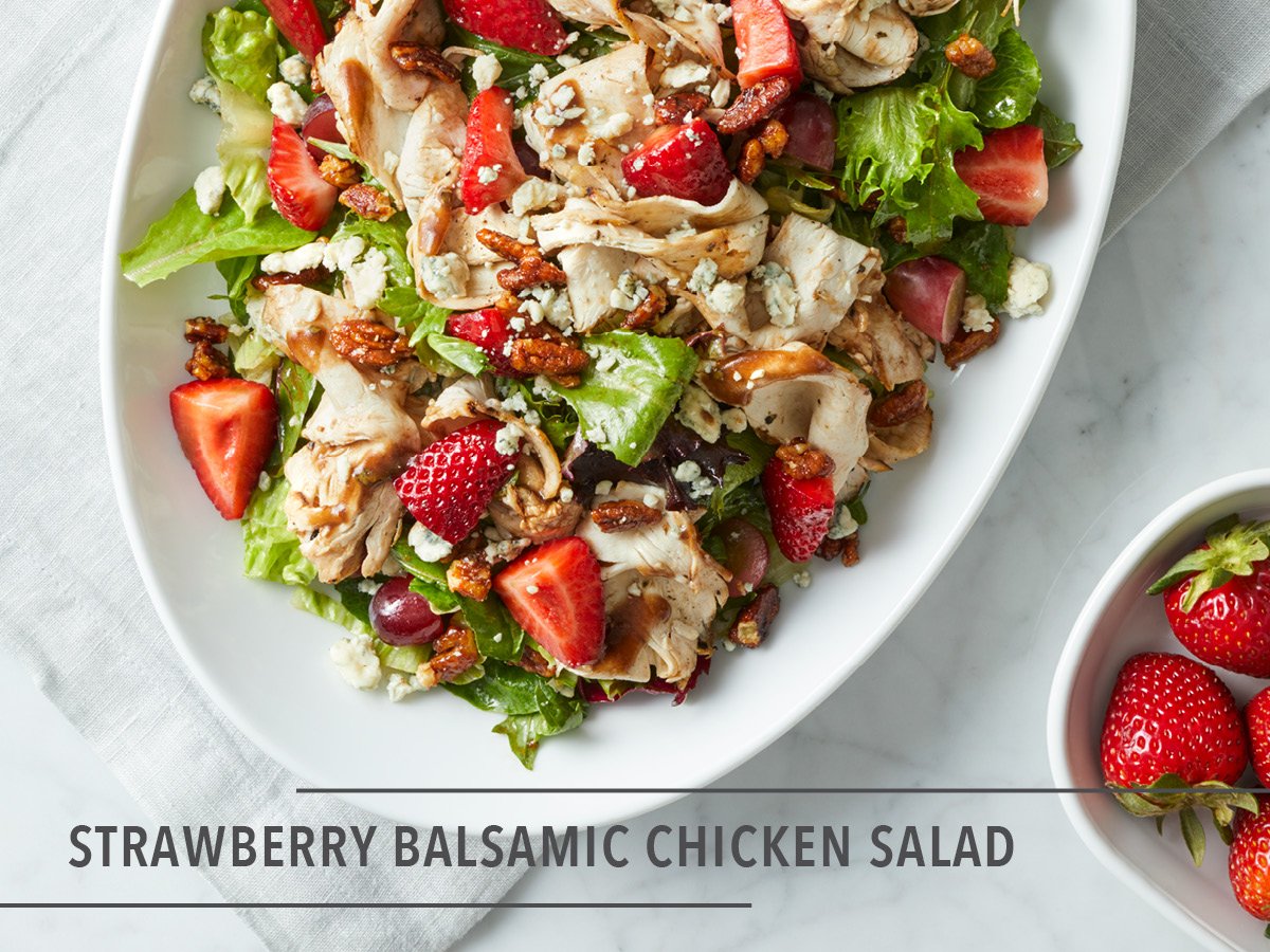Sweeten up your Saturday with this Strawberry Balsamic Chicken Salad. Available at lunch.